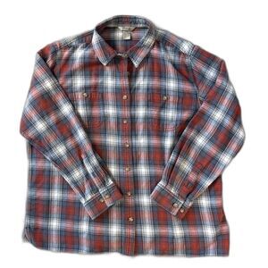 Duluth Trading Co Flannel Shirt Mens 2XL Red Navy Plaid Soft Rugged Workwear